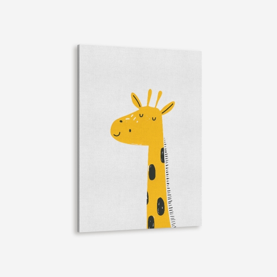 Poster de uma girafa amarela com pescoço longo e manchas pretas, ideal para decoração de quartos infantis. 5