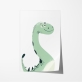 Poster infantil com um dinossauro verde sorridente, perfeito para decoração de quartos de bebé e crianças. 6